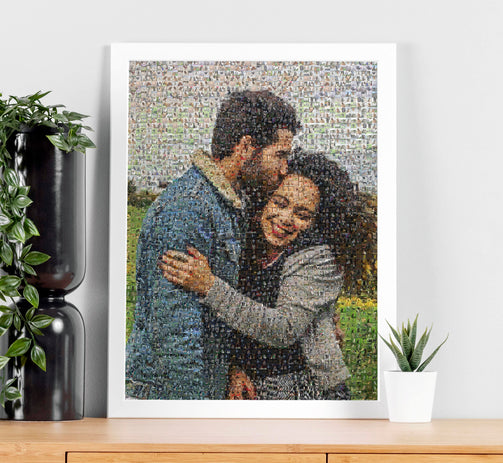  Frame leant against table, showing personalised photo mosaic of couple 